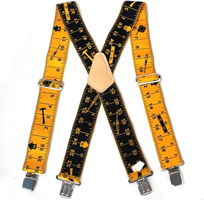 【SP0004】Mens Suspenders 2" Wide Adjustable and Elastic Braces X Shape with Very Strong Clips - Heavy Duty tape measure suspenders for men (Rule)