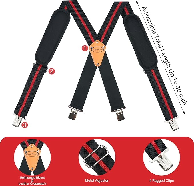 【SW003-Red】MELOTOUGH Tool Belt Suspenders Work Belt Suspenders for Heavy Duty Work Movable shoulder Padded Suspenders for Tool Belt (Red Strip)