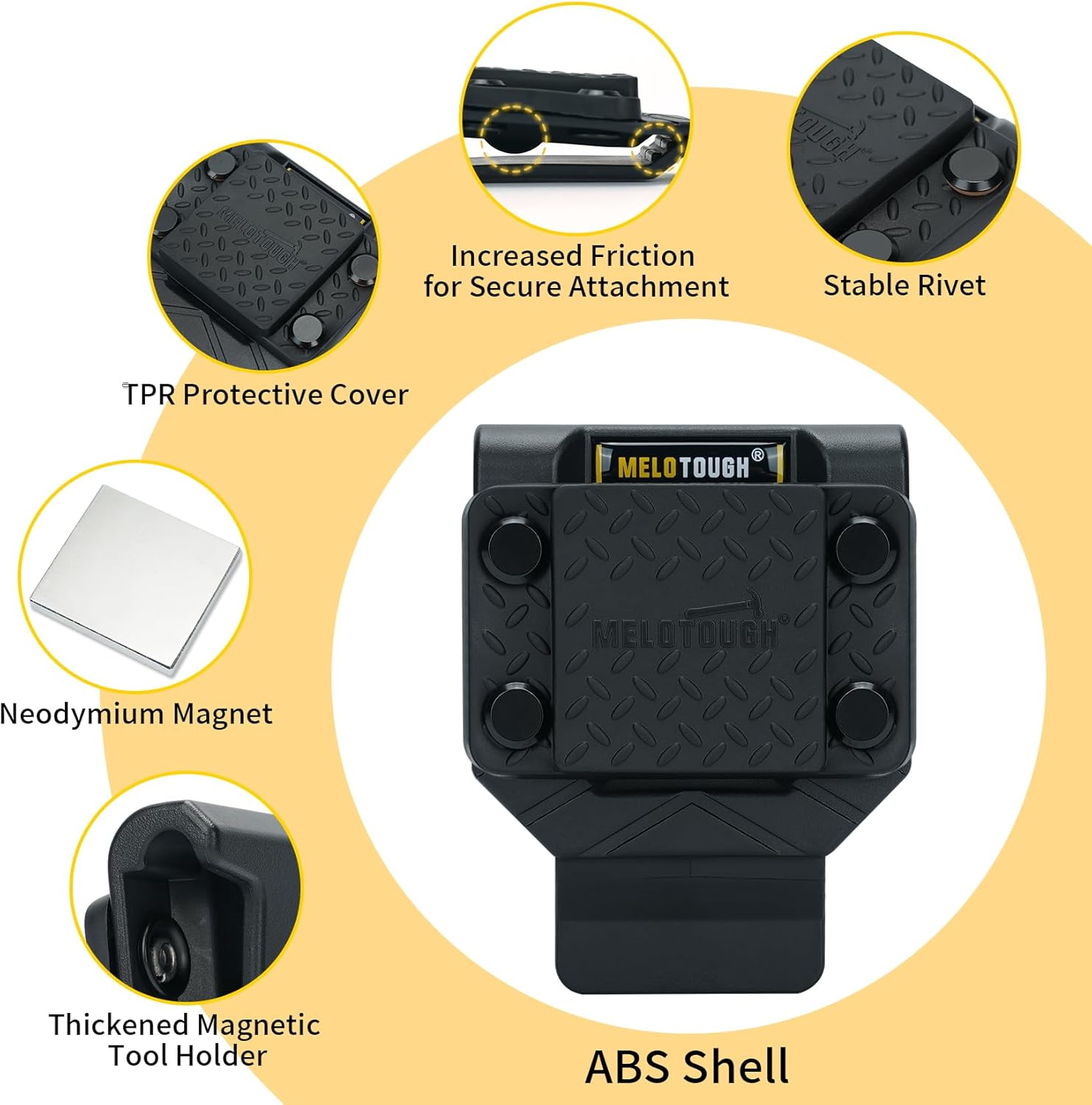 【MTH01-Black】MELOTOUGH Magnetic Tool Holder Strong Magnetic Belt Clip for Screws,Nails,Wrench,Hammer,Pliers,Screwdriver,Trowel,Sockets - Fits Up to 2.7" Belt (Black)