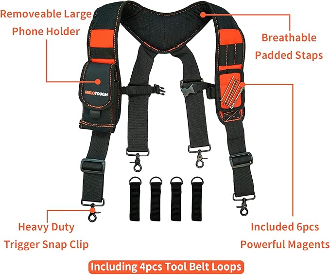 【SW401-Orange】MELOTOUGH Magnetic Tool Belt Suspenders with Magnetic WristBand for Work Belt Padded Suspenders Constrcution