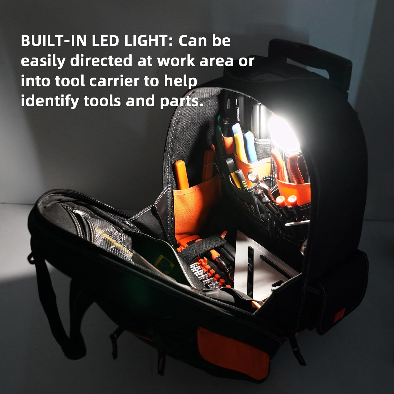 【RTB04】MELOTOUGH LED-Light Rolling Tool bag with Telescoping Handle Heavy Duty Rolling Tool Bag with Wheels,Electrician tool bag for men Heavy Duty,Wheels Tool Bag for Electricians,Tradesmen,Trave