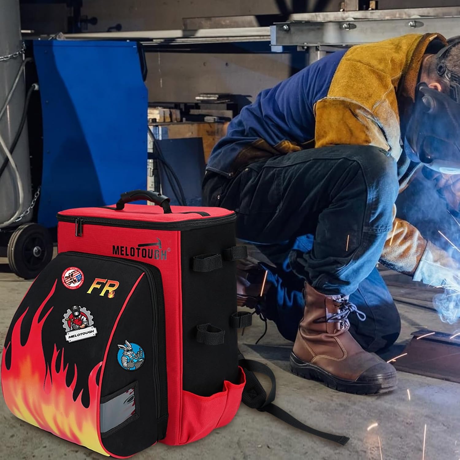 【WT03-Red】MELOTOUGH Welding Backpack Fire - Resistant Fabric 32.56L Large Capacity Welding Bag for Tools and Helmet Multipurpose Welder Backpack with Multiple Storage and Extra Stickers (Red)