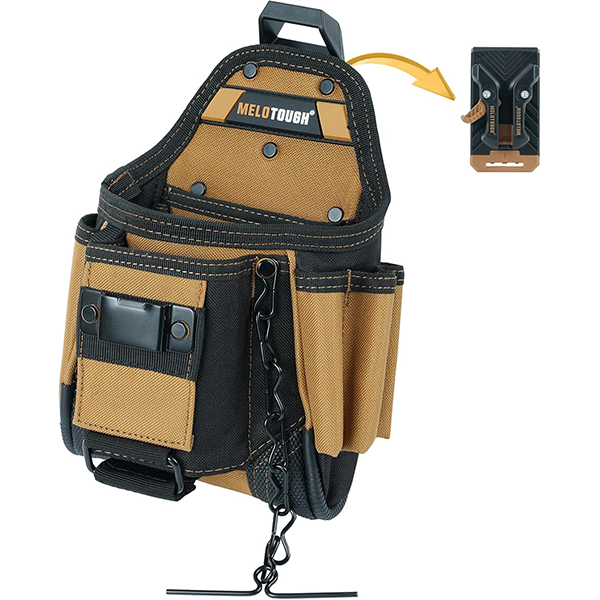 【MQC02-Orange】MELOTOUGH Small Electrician Tool Pouch With Belt Clip Attachment - 9 Pockets Tradesman Bag With Tape Thong - Holster for Electricians