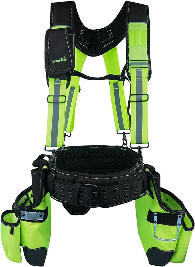 【TC02-BLK】MELOTOUGH Tool Belt with Suspenders Tool Bag Supenders Framers Comb Apron Tool Belt Construction Tool Pouch Builder Heavy Duty Carpenter Suspension Rig for Electrician, Roofing,Contractor