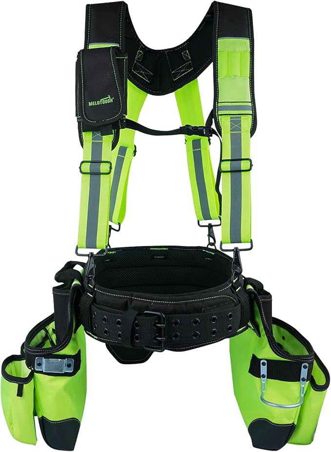 【TC02-BLK】MELOTOUGH Tool Belt with Suspenders Tool Bag Supenders Framers Comb Apron Tool Belt Construction Tool Pouch Builder Heavy Duty Carpenter Suspension Rig for Electrician, Roofing,Contractor