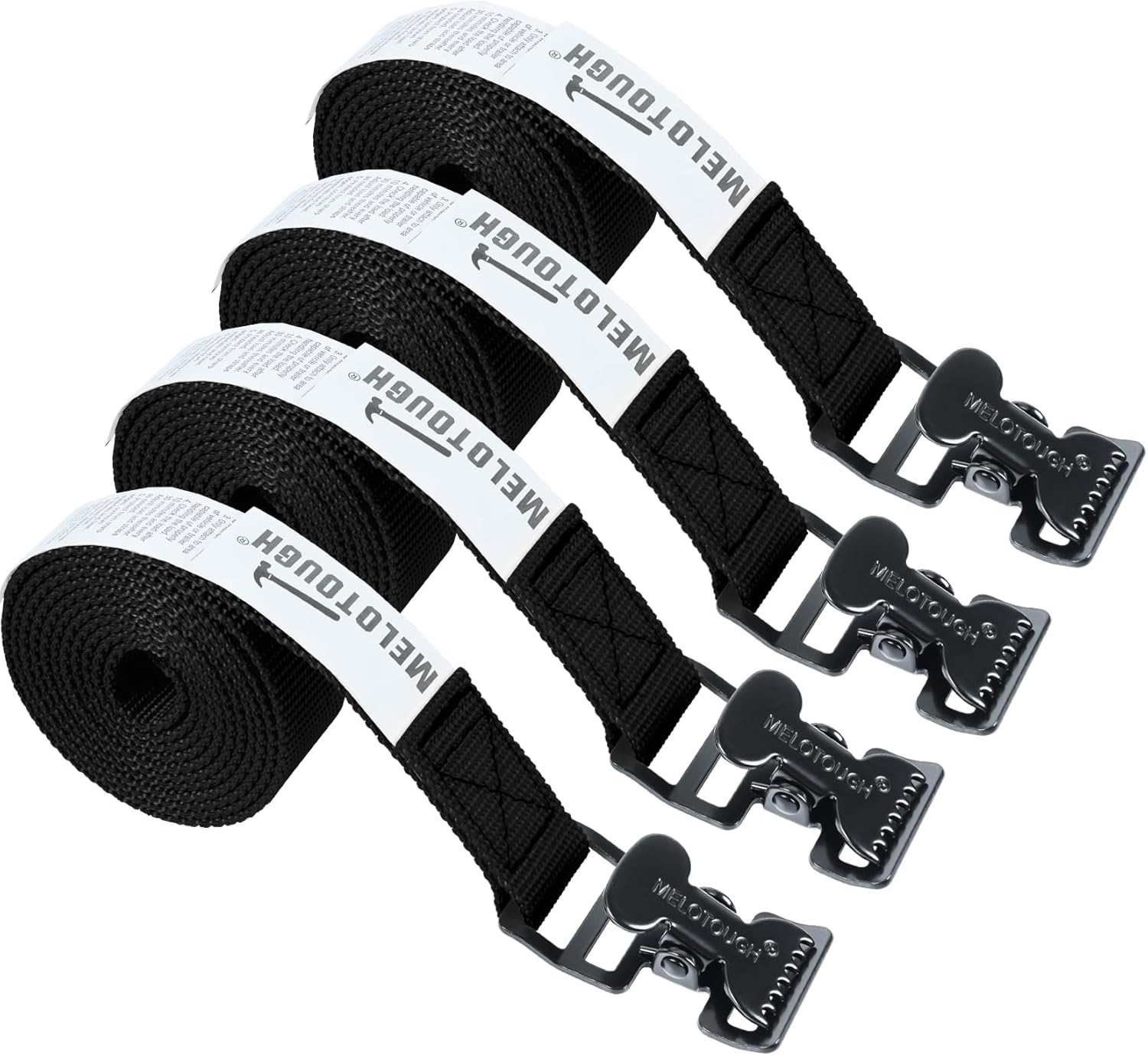 【MTS02-black】MELOTOUGH 4Pk 1" x 2ft Lashing Strap with Alligator Thumb Buckle Cargo Secure Webbing Up to 450lbs,Ladder Straps,Tie Down Straps,Utility Straps with Clips,Black