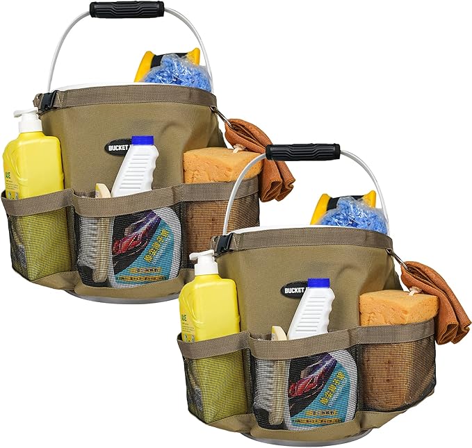 【BI03-Khaki】Bucket Idea Wash Tool Organizer for 5 Gallon Bucket, Cleaning Bucket Organizer Pockets for Clean Supplier Car Wash Organizer Khaki Color (1)