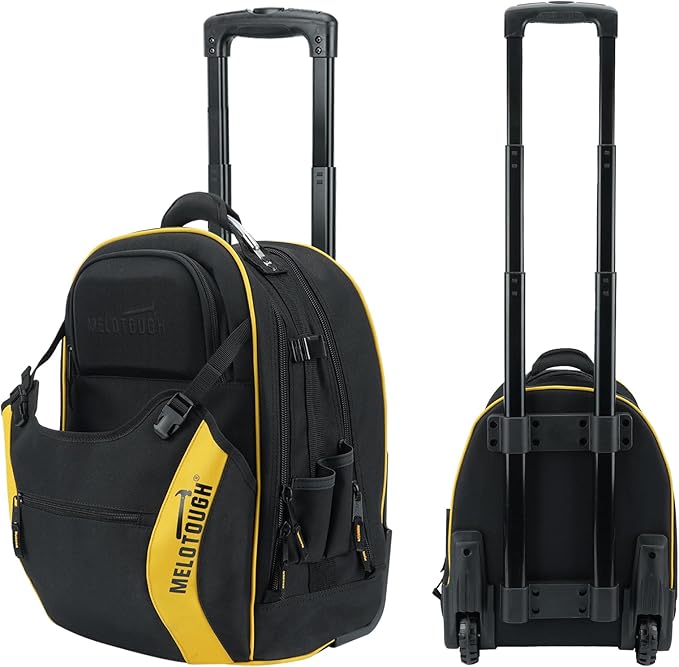 【RTB05-Black】MELOTOUGH 35 Pockets Rolling Tool Bag Wheeled Heavy Duty Rolling Tote Bag with Telescoping Handle,Electrician Tool Bag with Wheels for Men for Tradesmen(Black)