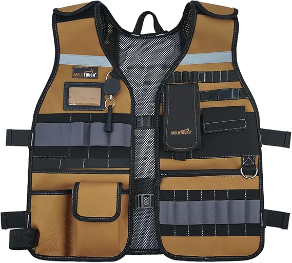 【TV01-Blue】MELOTOUGH Tool Vest Safety Work Vest with Adjustable Straps,Removable Phone Holder for Electrician,Construction,Carpenters