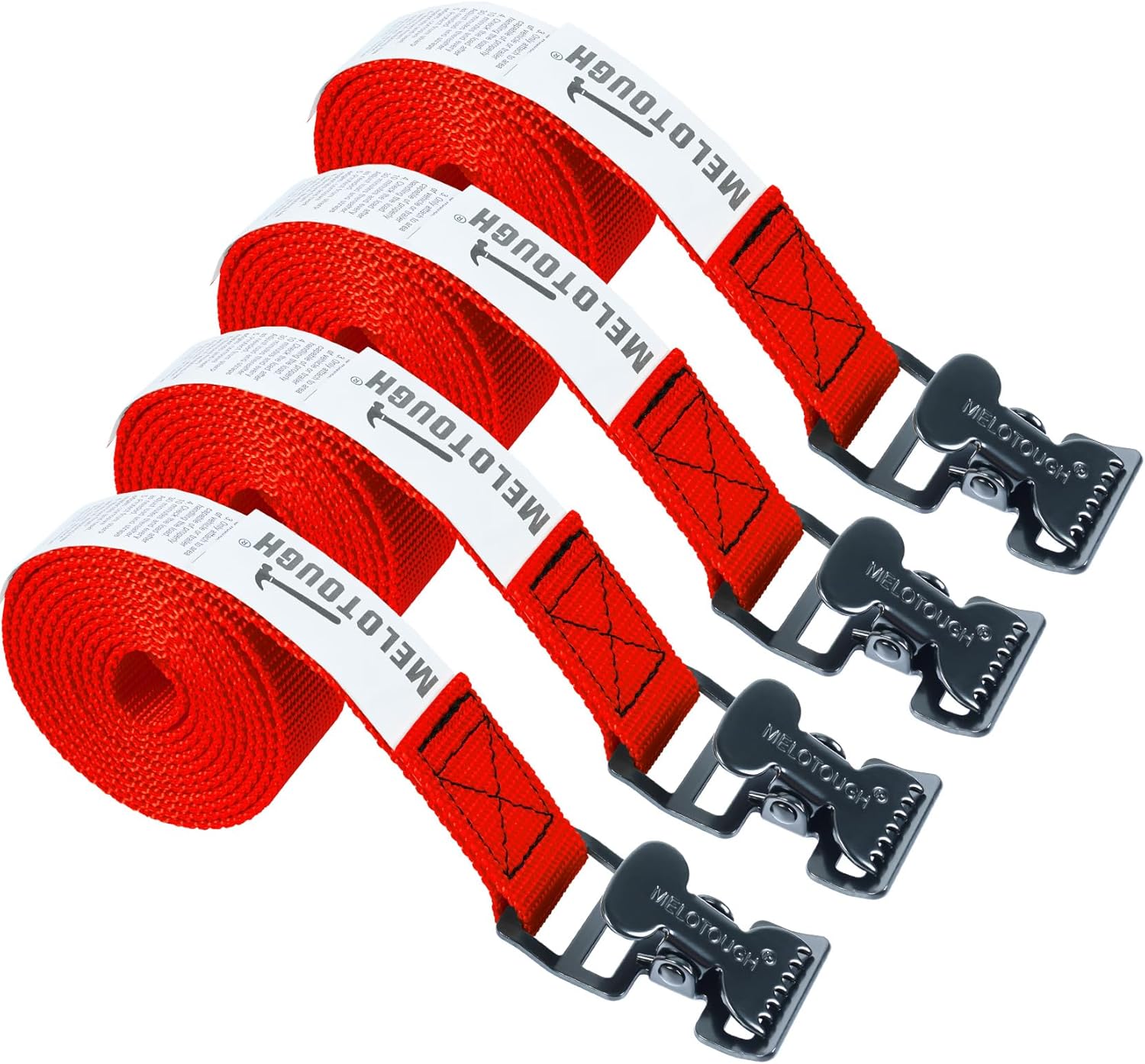 【MTS02-red】MELOTOUGH 4Pk 1" x 2ft Lashing Strap with Alligator Thumb Buckle Cargo Secure Webbing Up to 450lbs,Ladder Straps,Tie Down Straps,Utility Straps with Clips,Red