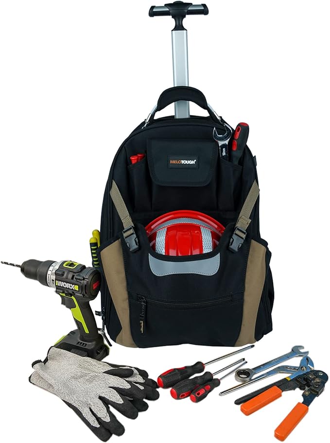 【WTB02-Blue】MELOTOUGH Electrician Tool Bag Welding Tool Backpack with Helmet Catch Heavy Duty Tool Organizer Bag for Electrician, Carpenter,Tradesman,Construction,HVAC,Welder (Blue)