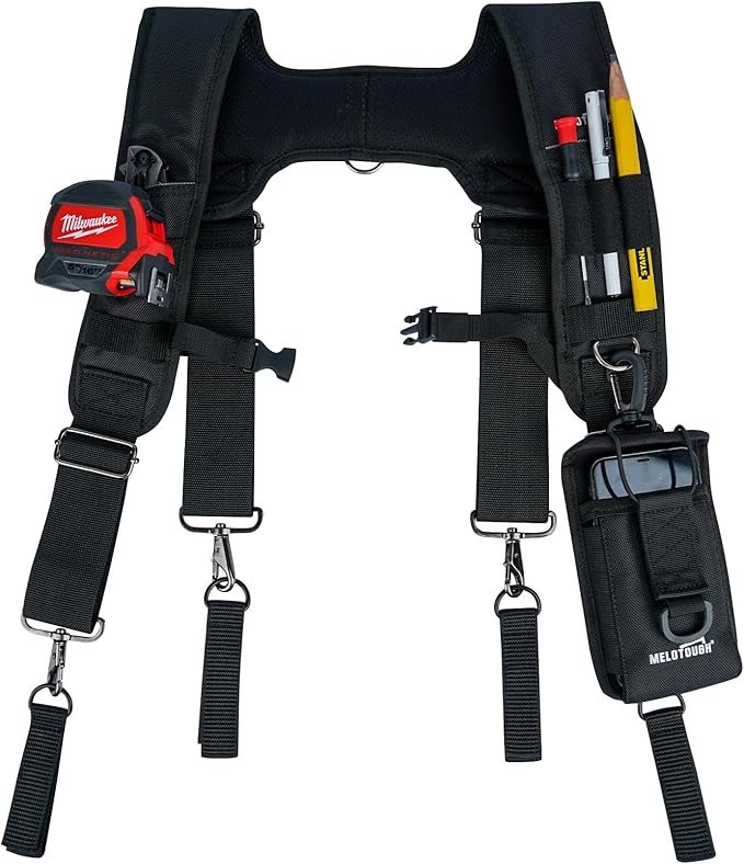 【SW101A-BLK】MELOTOUGH Tool Belt Suspenders Work Belt Suspenders for Men Big and Tall Construction Bag Suspenders Padded Work belt for Carpenter/Electrician/Roofing/Farmer work(Y Back)