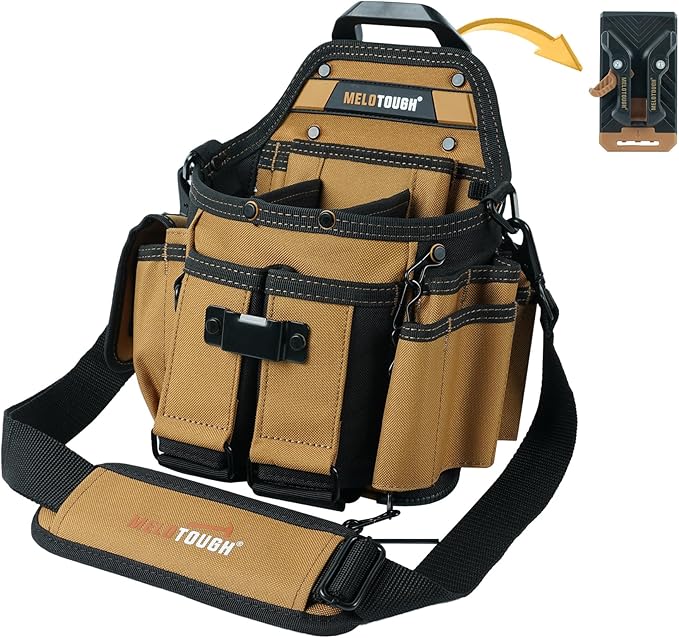 【MQC01-Orange】MELOTOUGH Electrician Tool Pouch Bag with Shoulder Strap Professional 15 Pockets Tool Pouch with Belt Clip Quickly Attach and Release Tool Bag