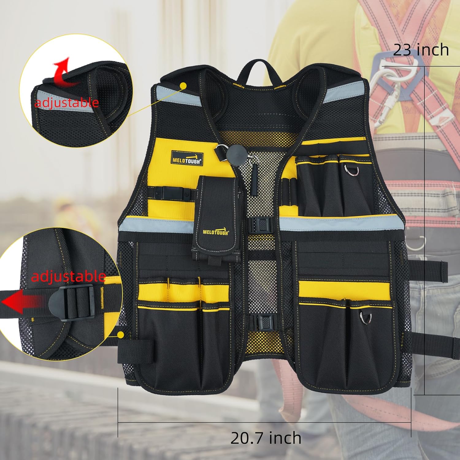 【TV-Camo】MELOTOUGH Tool Vest for Men Reflective Safety Tool Vest with Adjustable Straps,Removable Phone Holder for Electrical,Carpenters,Construction(Camo)
