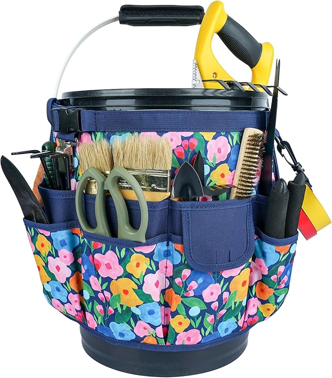 【BI02-PG】MELOTOUGH Bucket Caddy Organizer Bucket Tool Organizer for Garden Tools Fit 3.5 to 5 Gallon Bucket (Pink and Green)