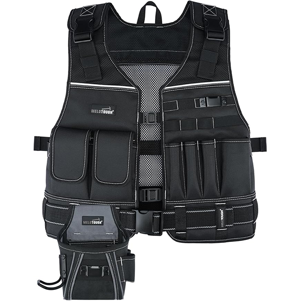 【TV02-Black-P】MELOTOUGH Tool Vest for Men with Pouches and Belt, Adjustable Multi-Pocket Safety Tool Vest for Electrician, Carpenter(Black)