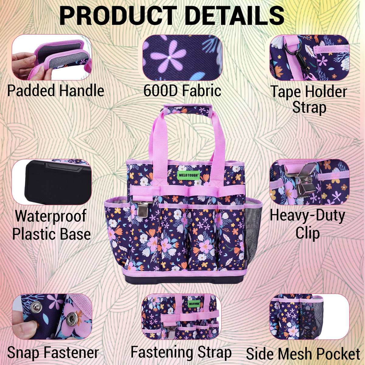 MELOTOUGH 12-Pocket Garden Tool Bag with Hard Bottom, Garden Tote