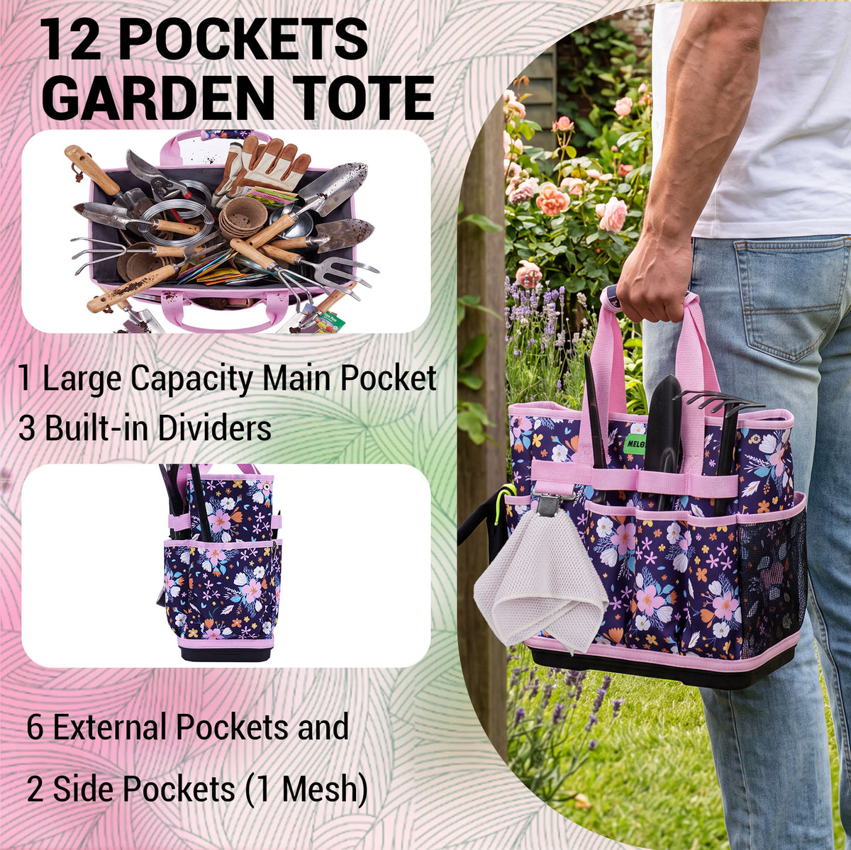MELOTOUGH 12-Pocket Garden Tool Bag with Hard Bottom, Garden Tote