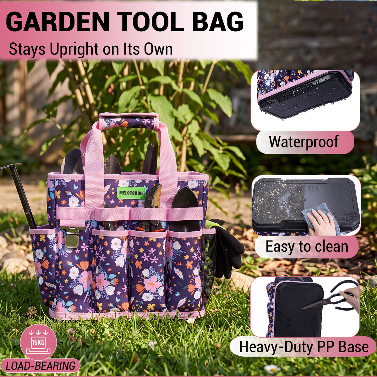 MELOTOUGH 12-Pocket Garden Tool Bag with Hard Bottom, Garden Tote