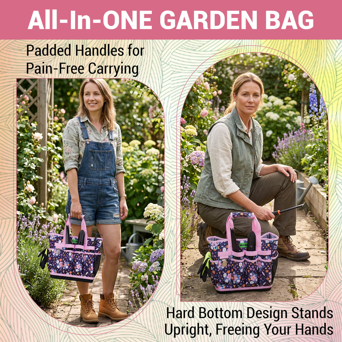 MELOTOUGH 12-Pocket Garden Tool Bag with Hard Bottom, Garden Tote