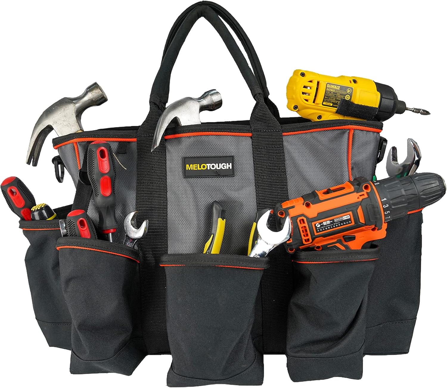 MELOTOUGH 14 inch Supply bag Open Top Tote tool bag Tool Organizer bag with shoulder strap for Cleaner, Contractor, HVAC (Black)