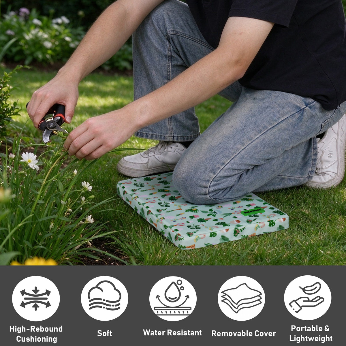 MELOTOUGH 17" Garden Kneeling Pad, Removable Washable Cover with Carry Handle, Thick NBR Foam Knee Cushion