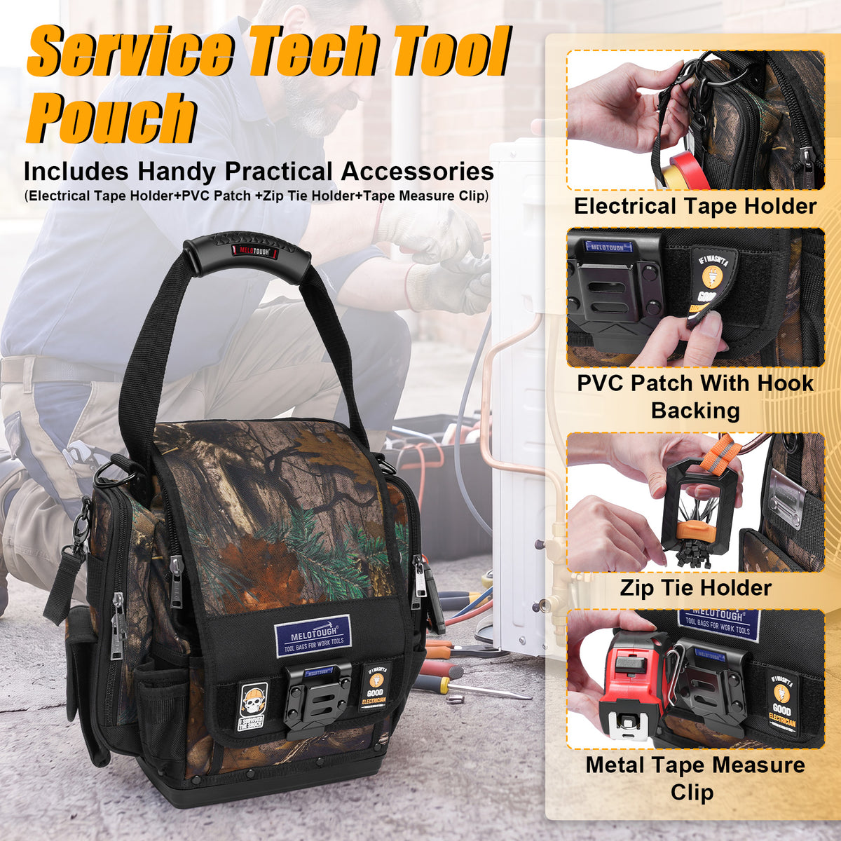 MELOTOUGH Electrician Tool Pouch Bag with Handle Easy Access Small Tool Pouch with Hard Bottom for Carpenter/Technican