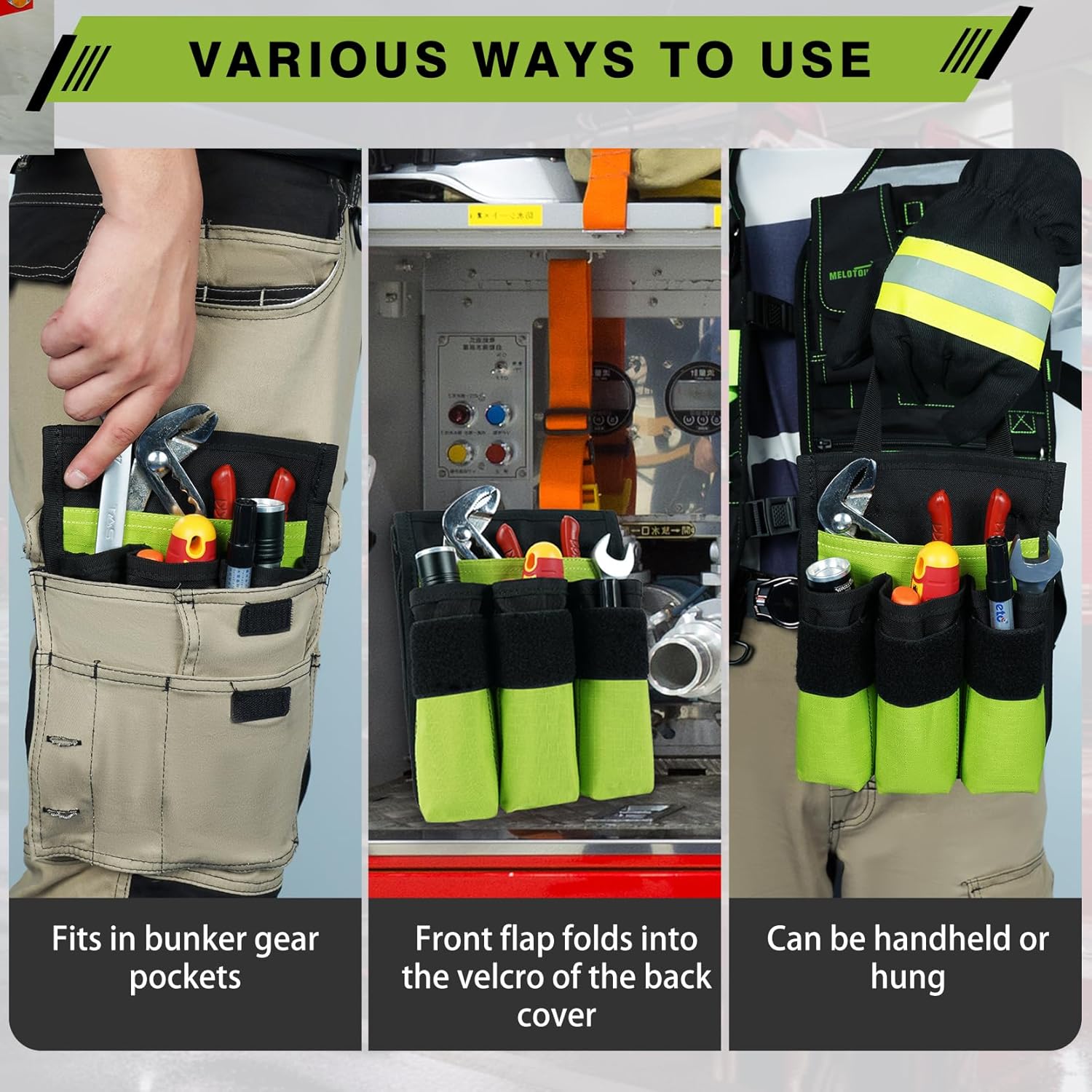 MELOTOUGH 7-Pocket Firefighter Tool Pouch with Carry Handle and Flap, Fits in Bunker Gear Pocket, Tool Organizer