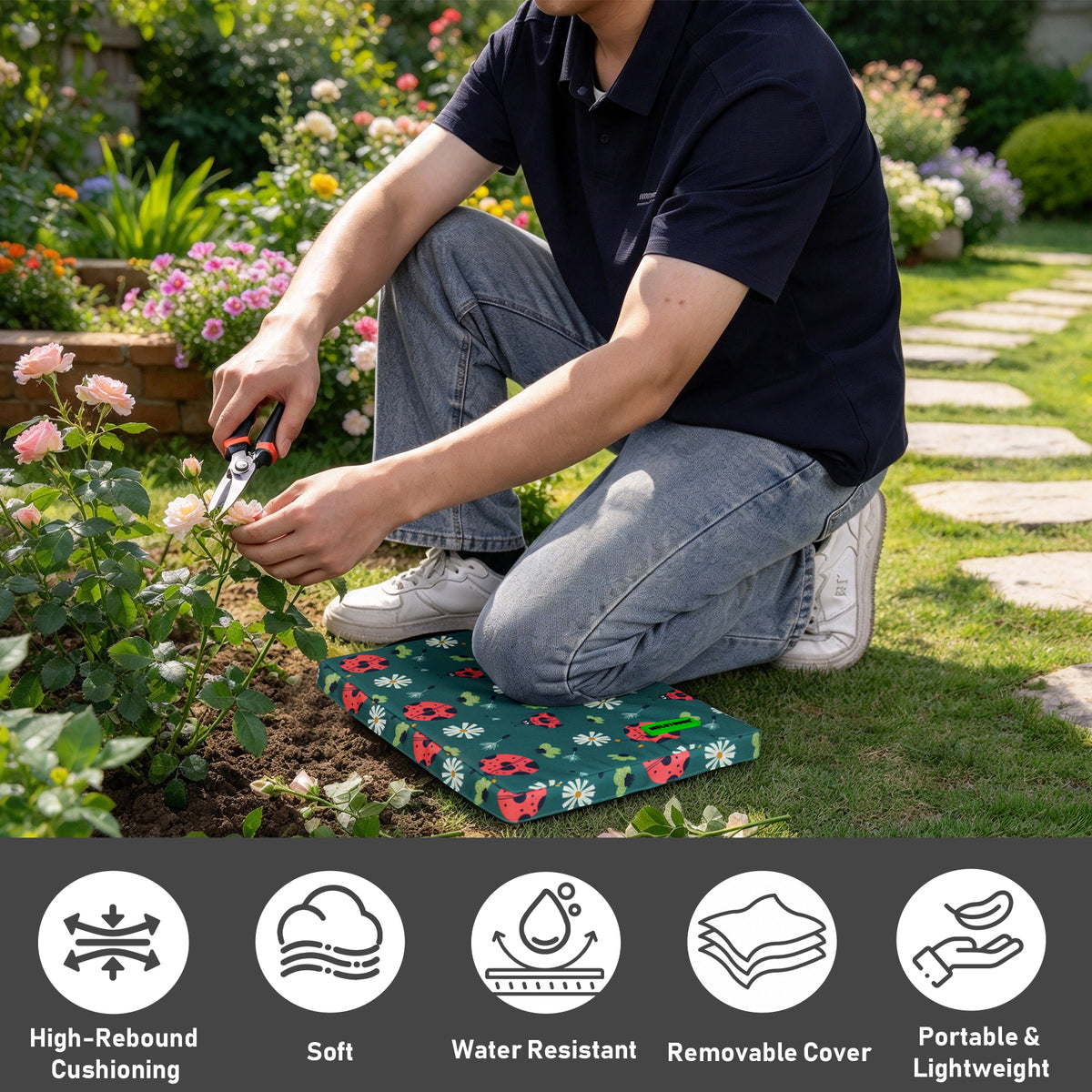 MELOTOUGH 17" Garden Kneeling Pad, Removable Washable Cover with Carry Handle, Thick NBR Foam Knee Cushion