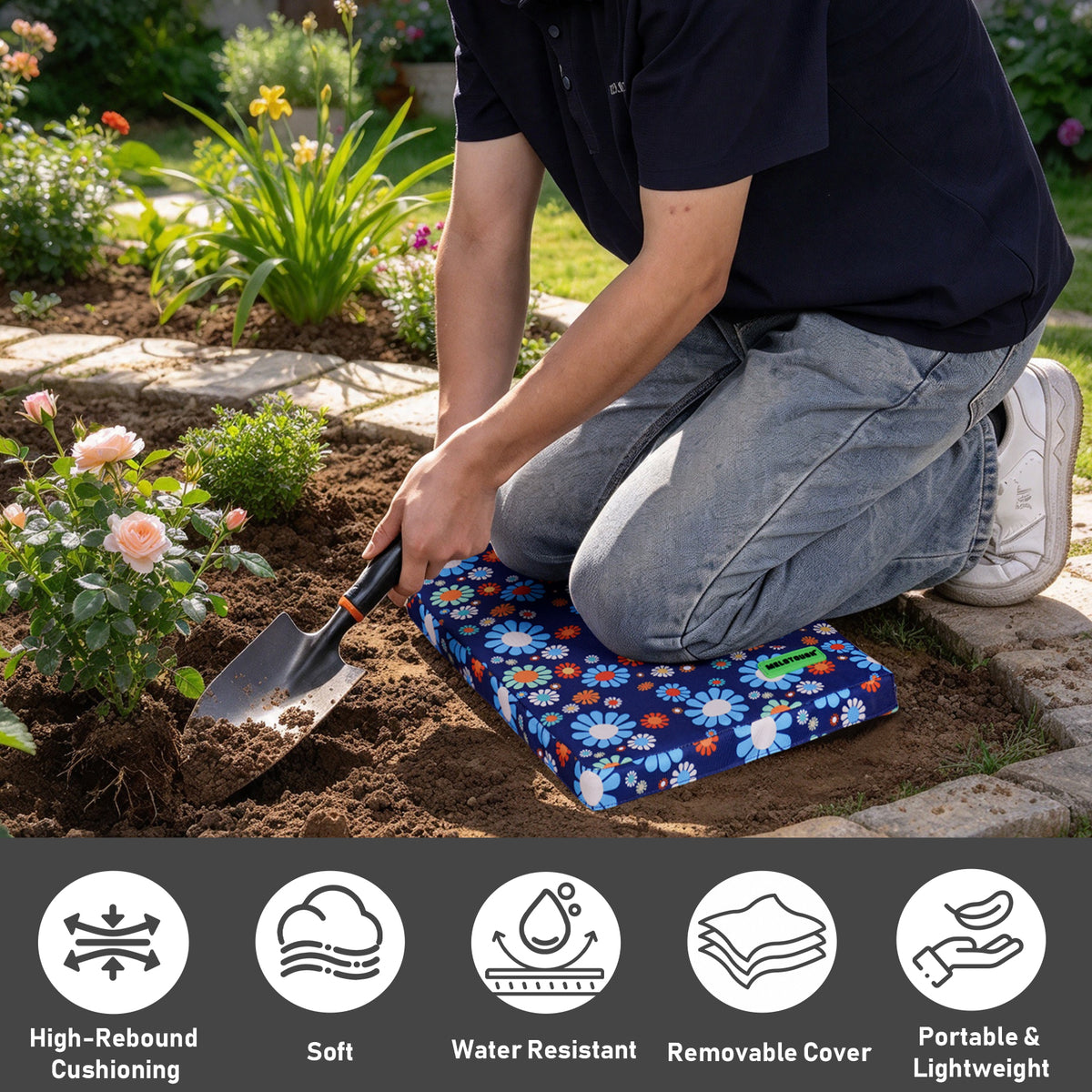 MELOTOUGH 17" Garden Kneeling Pad, Removable Washable Cover with Carry Handle, Thick NBR Foam Knee Cushion