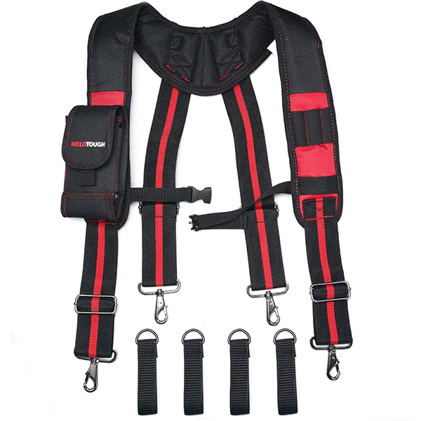 【SW001-Red】MELOTOUGH Tool Belt Suspenders Construction Work Suspenders with detachable phone holder comfortable foam shoulder padder (Red)