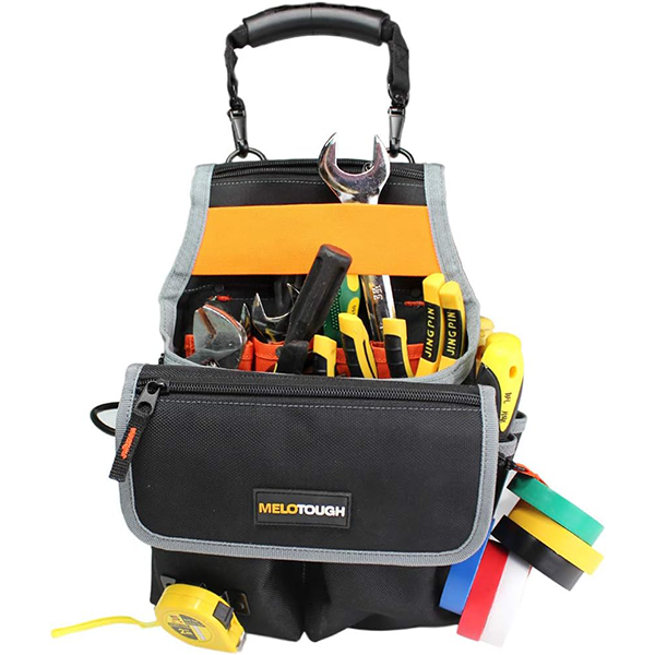 【MP014】MELOTOUGH Electrician Tool Pouch Bag with Shoulder Strap Tool Belt Pouch with Rain Cover and Electrical Tape Strap,Hammer Holder Electricians Tool Bag (20 Pockets)