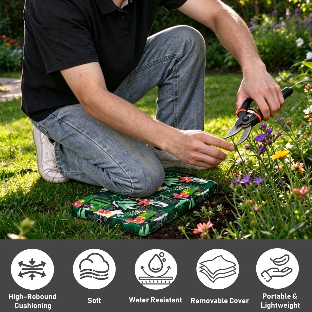 MELOTOUGH 17" Garden Kneeling Pad, Removable Washable Cover with Carry Handle, Thick NBR Foam Knee Cushion
