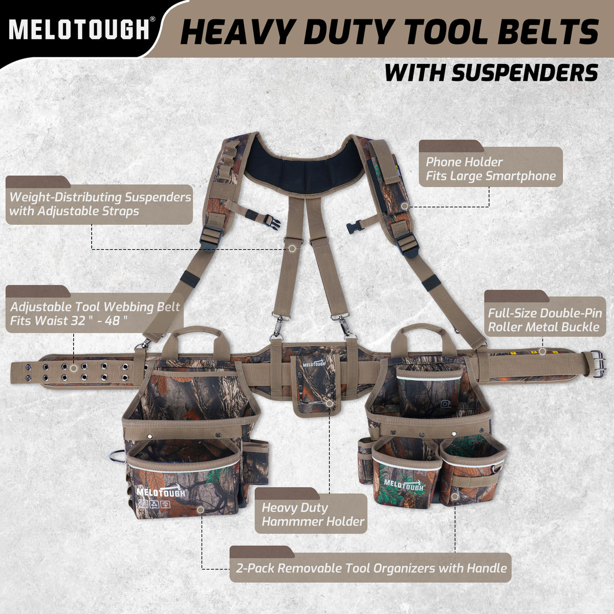 MELOTOUGH Tool Belt with Suspenders Heavy Duty Tool Pouch 32 Pockets Loops
