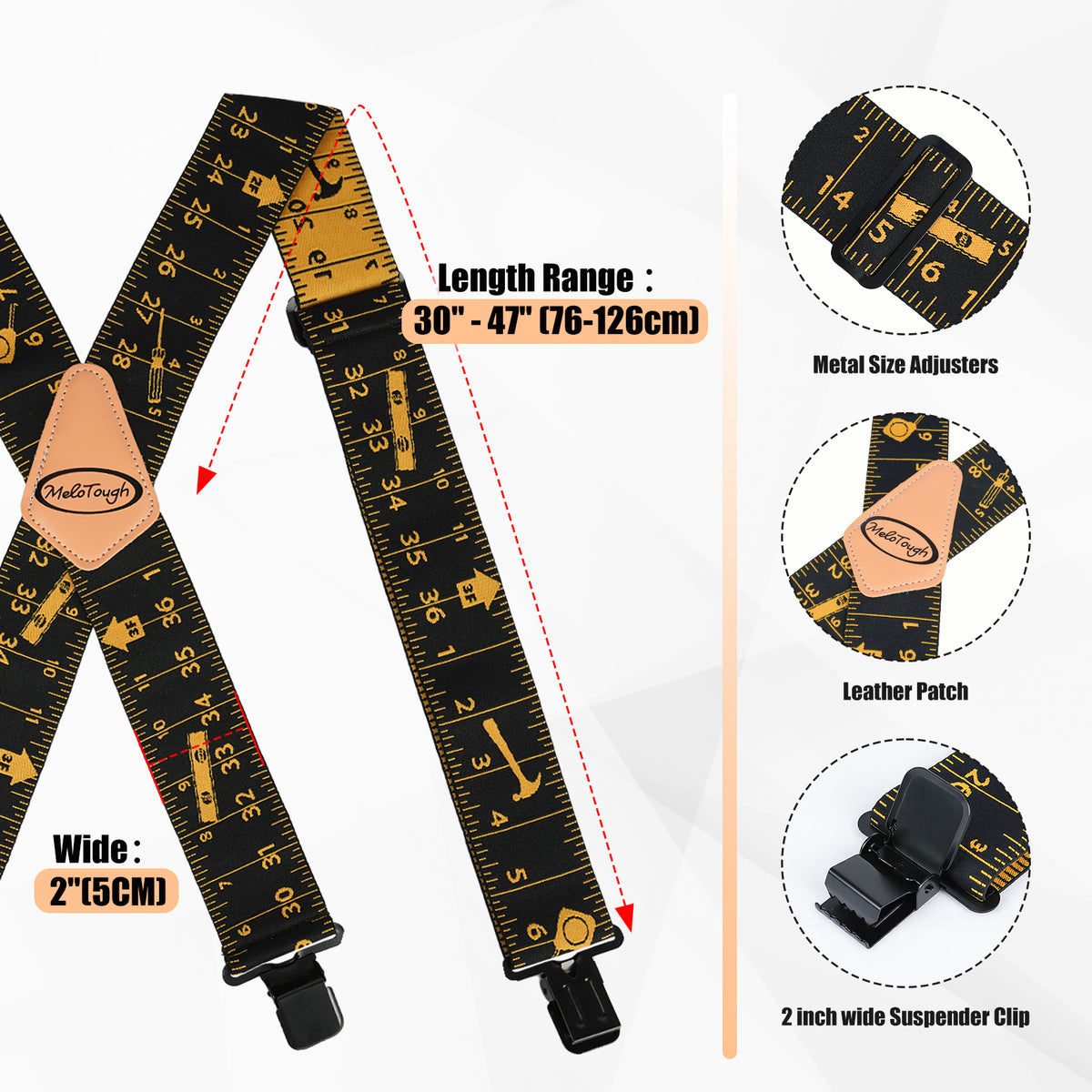 MELOTOUGH Men's Heavy Duty Work Suspenders, 2 Inch Fully Elastic X-Back Adjustable Suspenders with Metal Clips