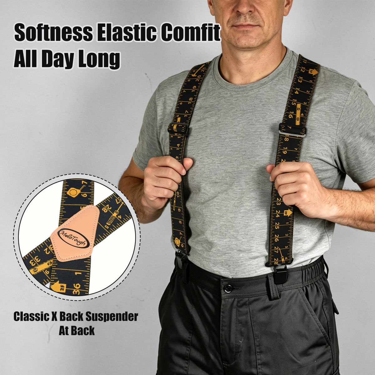MELOTOUGH Men's Heavy Duty Work Suspenders, 2 Inch Fully Elastic X-Back Adjustable Suspenders with Metal Clips