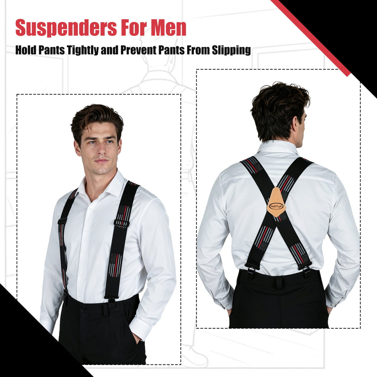 MELOTOUGH Men's Heavy Duty Work Suspenders, 2 Inch Fully Elastic X-Back Adjustable Suspenders with Metal Clips