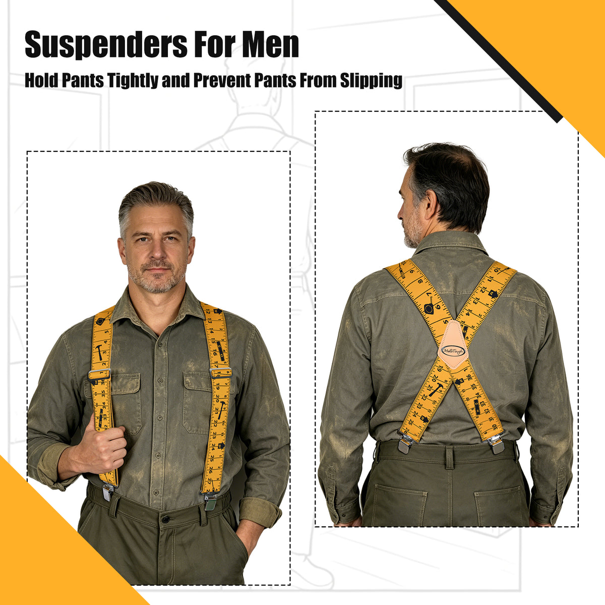 MELOTOUGH Men's Heavy Duty Work Suspenders, 2 Inch Fully Elastic X-Back Adjustable Suspenders with Metal Clips