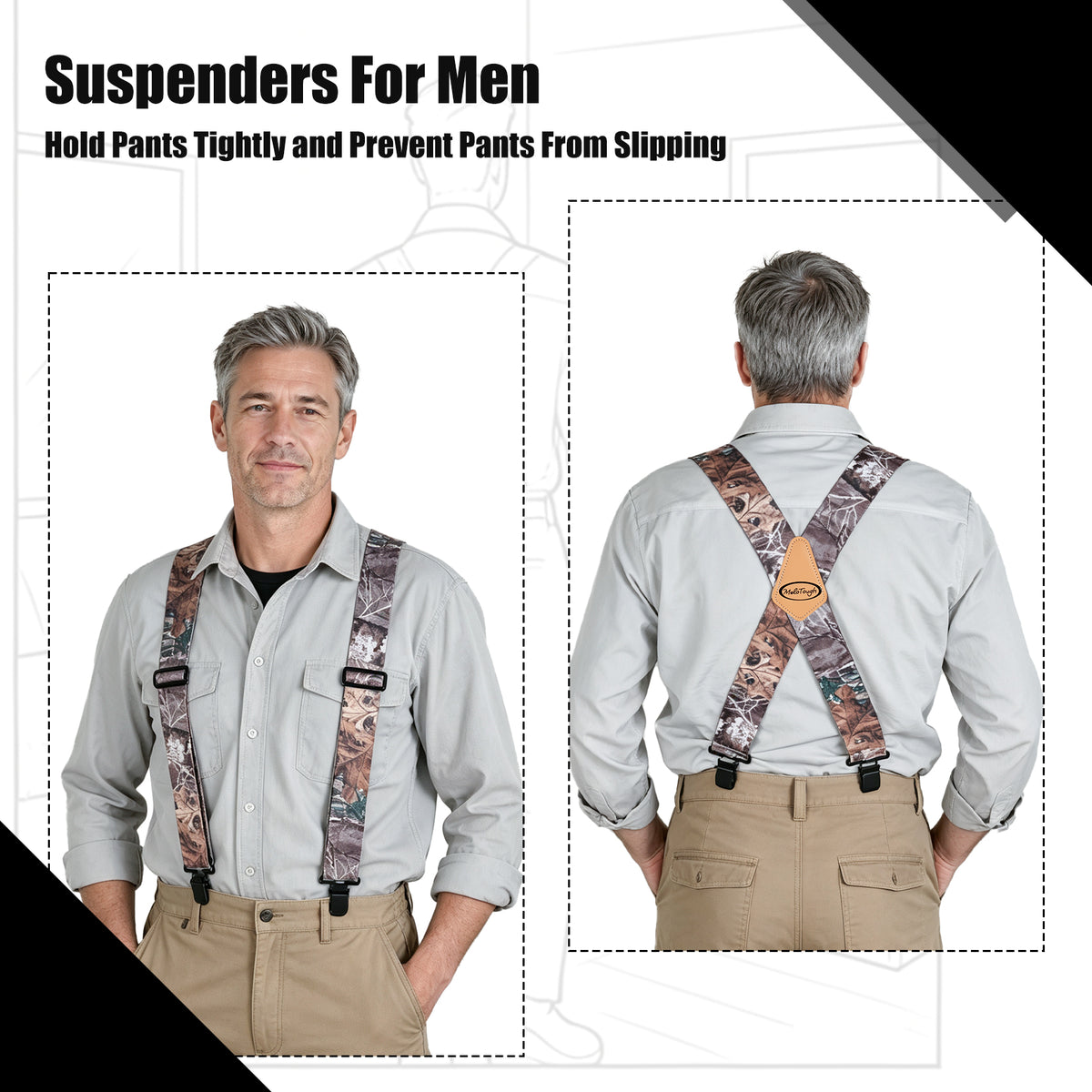 MELOTOUGH Men's Heavy Duty Work Suspenders, 2 Inch Fully Elastic X-Back Adjustable Suspenders with Metal Clips