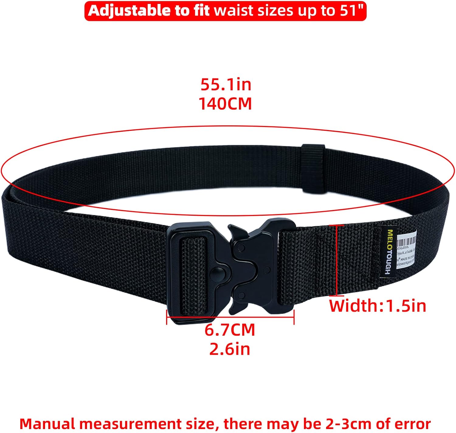 MELOTOUGH Quick Release Tool Belt 1.5 Inch Web Work Tool Belt with Heavy Duty Metal Buckle for Tool Pouch, Construction, Electrical (Black)