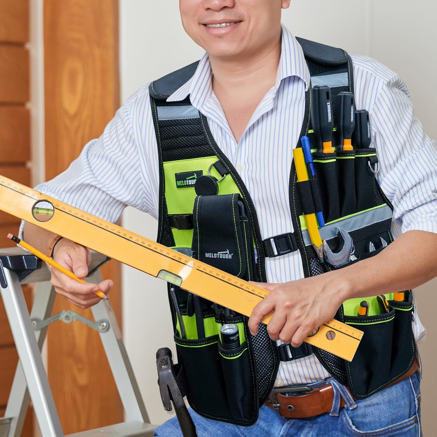 MELOTOUGH Tool Vest Reflective Safety Tool Vest with Removable Phone Holder,Retractable Pen Holder for Electrician,Carpenters,Construction(Lime)