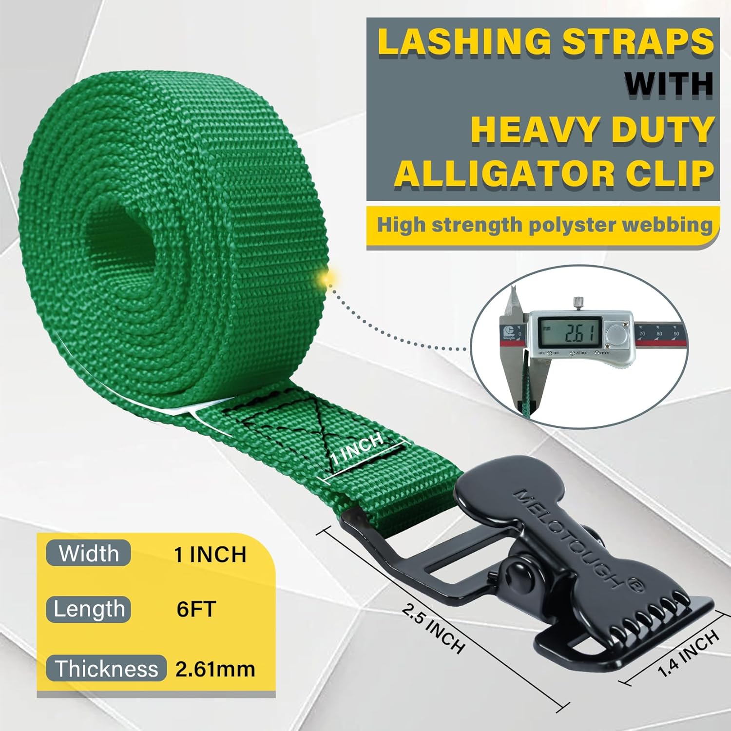 MELOTOUGH 4Pk 1" x 6ft Lashing Strap with Alligator Thumb Buckle Cargo Secure Webbing Up to 450lbs,Ladder Straps,Tie Down Straps,Utility Straps with Clips,Green