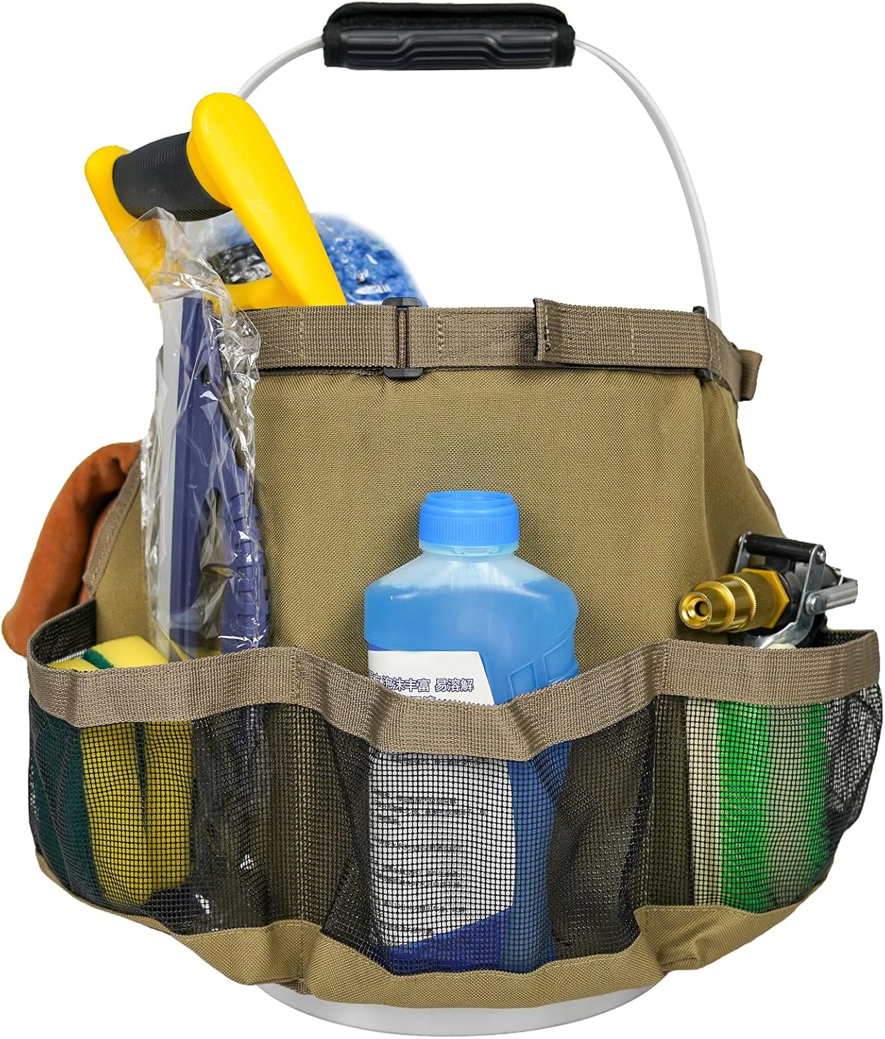 MELOTOUGH Car Wash Bucket Tool Organizer for Garden Tools Fit 3.5 to 5 Gallon Bucket (Khaki)