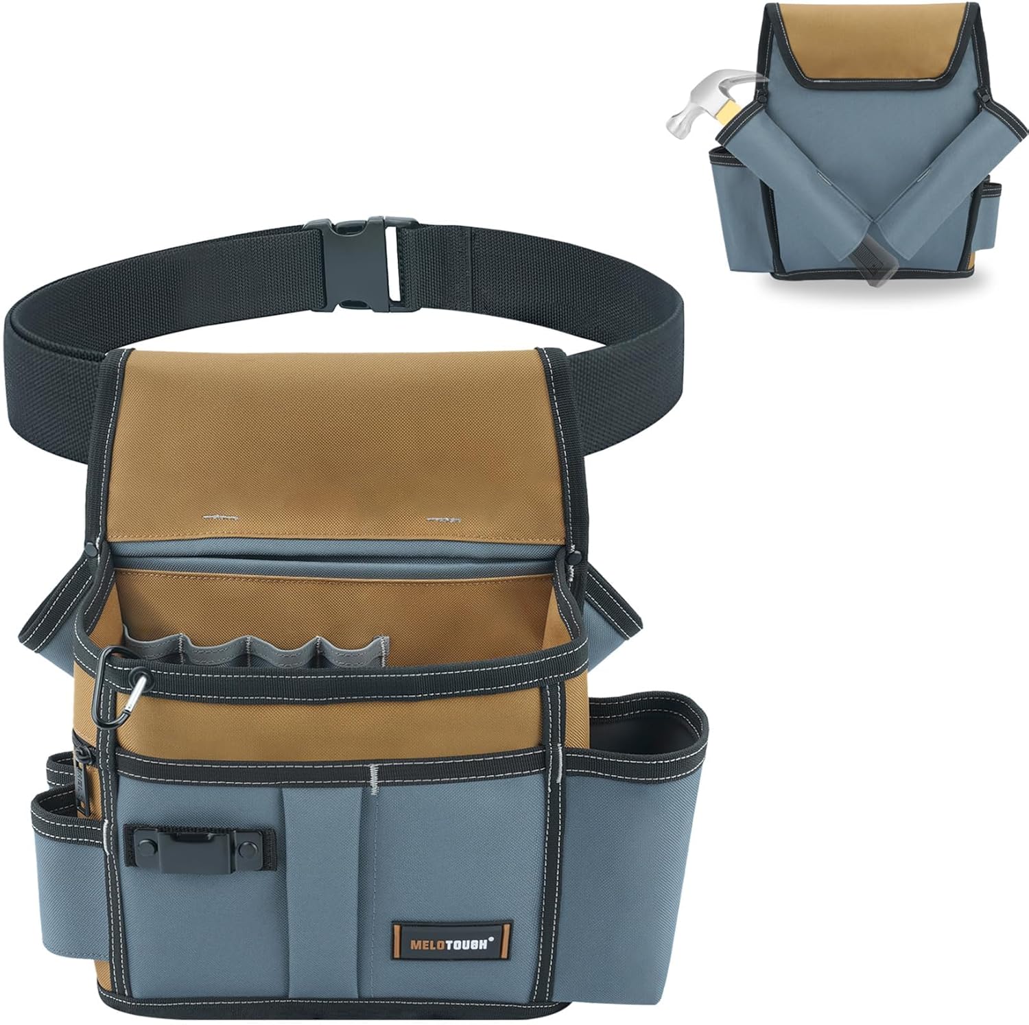 MELOTOUGH Professional Tool Belt Pouch,Small Tool Pouch with Belt,Left/Right Hammer Holder,Design Multi-Functional Pockets for Electrician/Carpenter/Construction, Waist Fits 32-50 Inches,Khaki