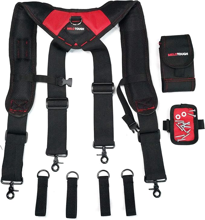 【SW401-Red】MELOTOUGH Magnetic Tool Belt Suspenders with Magnetic WristBand for Work Belt Padded Suspenders Constrcution