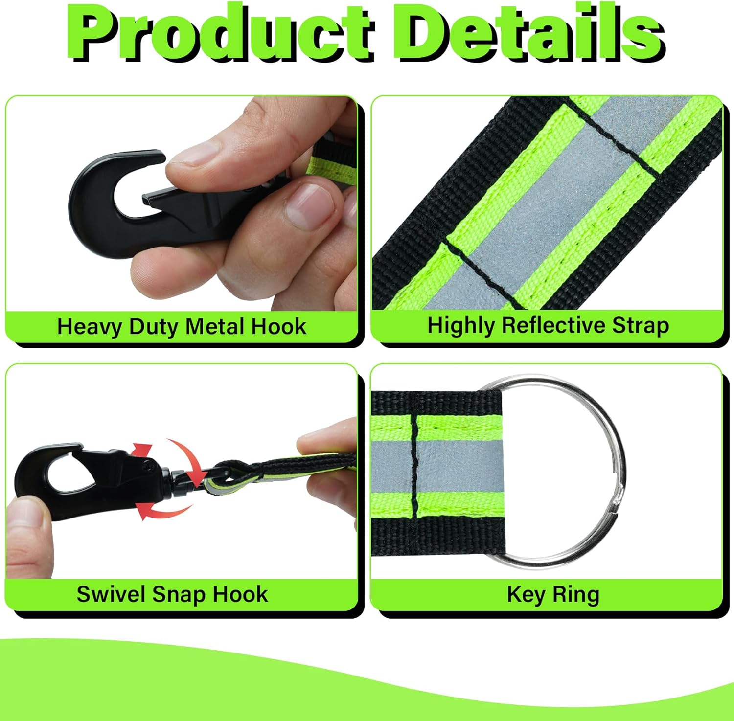 【GH07-Lime】MELOTOUGH Steel Keychain Carabiner Clip with Locking Swivel Snap Hook,Reflective Hi-Vis Lime for Quick Access