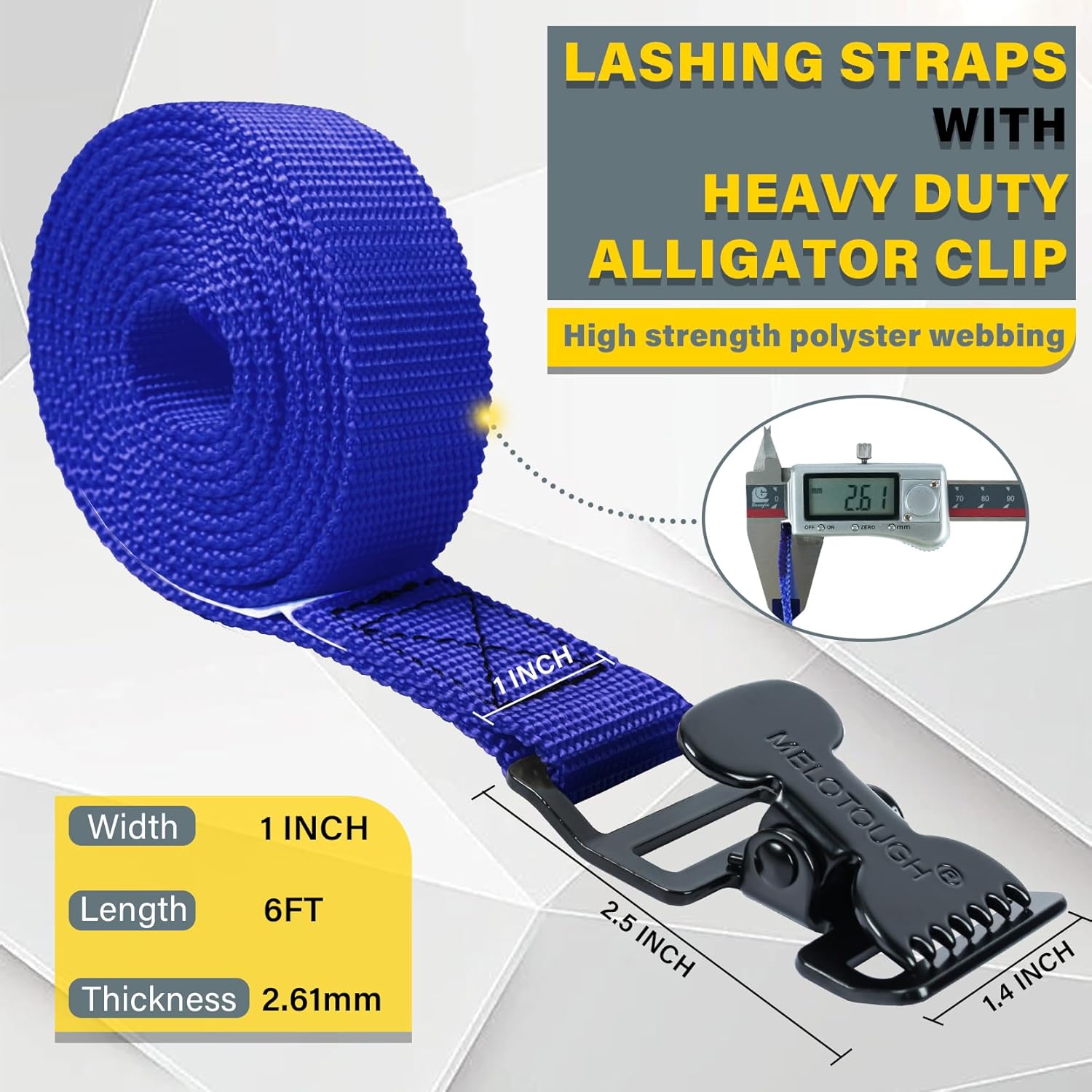 MELOTOUGH 4pk 1" x 6ft Lashing Straps with Alligator Thumb Buckle, Cargo Secure Webbing, Up to 450lbs, Blue