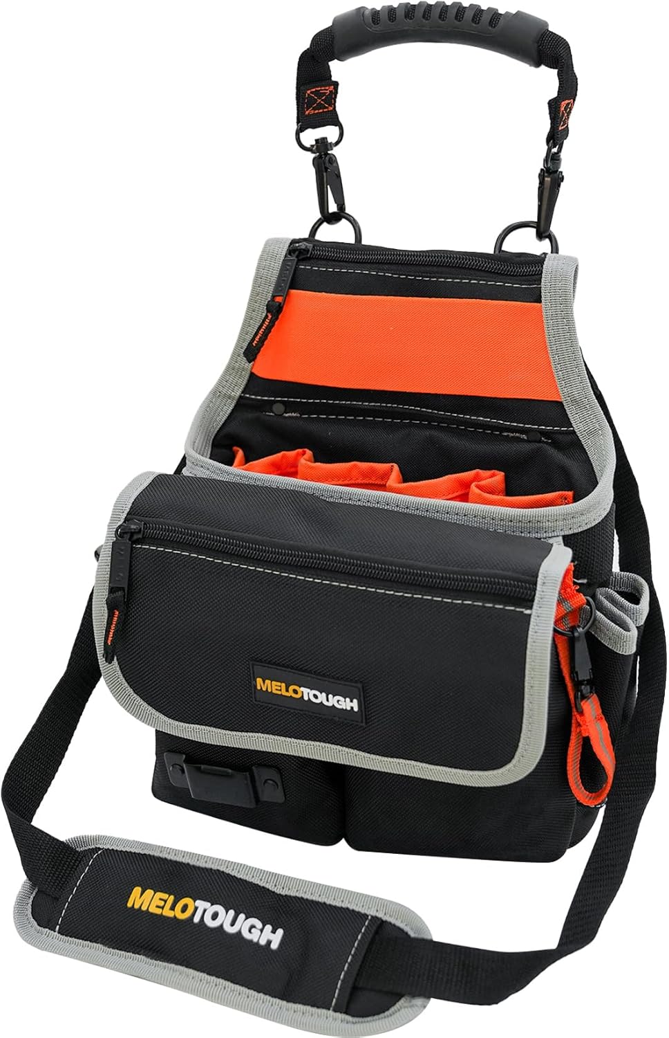 【MP014】MELOTOUGH Electrician Tool Pouch Bag with Shoulder Strap Tool Belt Pouch with Rain Cover and Electrical Tape Strap,Hammer Holder Electricians Tool Bag (20 Pockets)