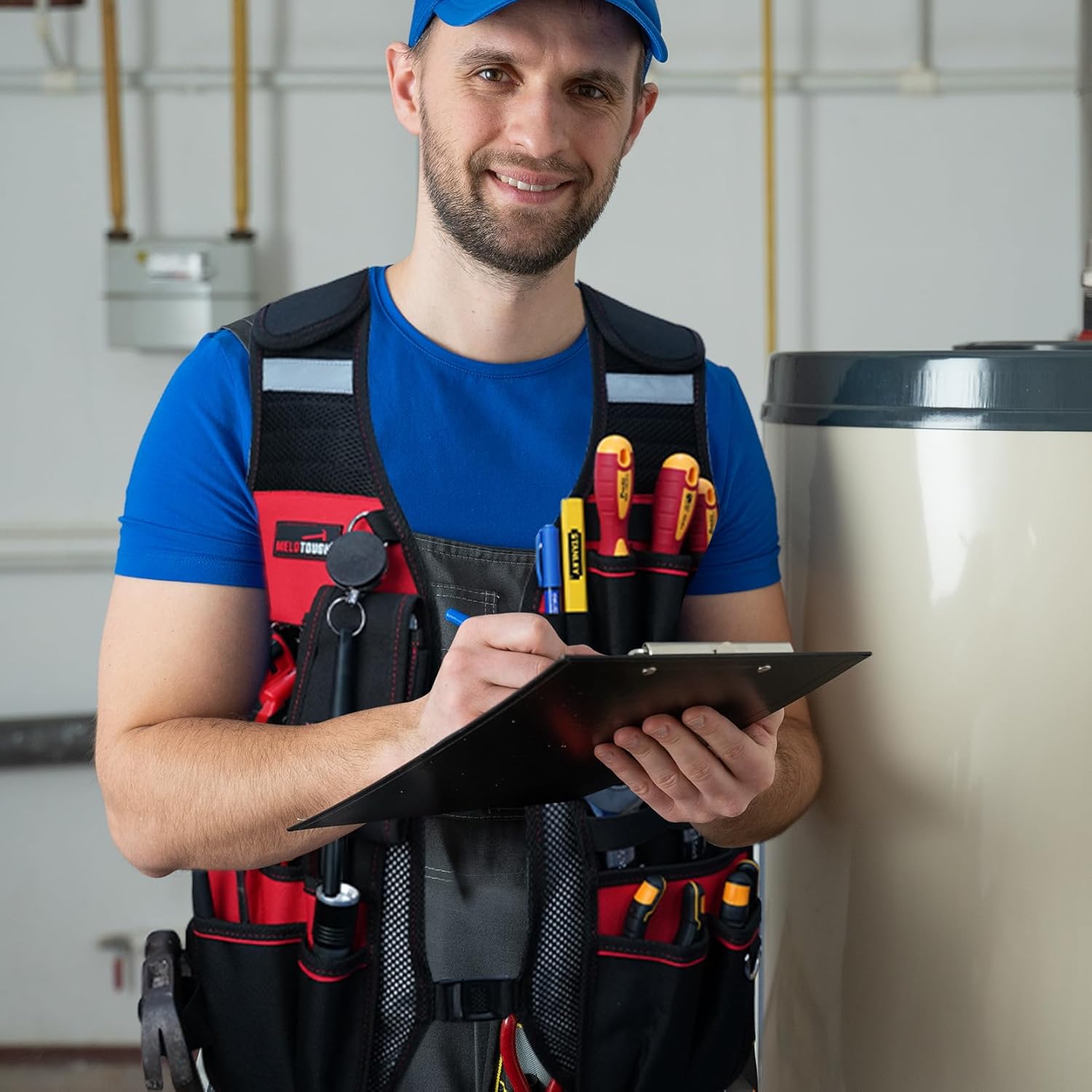 MELOTOUGH Tool Vest for Men Reflective Safety Tool Vest with Adjustable Straps,Removable Phone Holder for Electrical,Carpenters,Construction(Red)