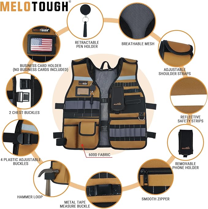 MELOTOUGH Tool Vest Safety Work Vest with Adjustable Straps,Removable Phone Holder for Electrician,Construction,Carpenters